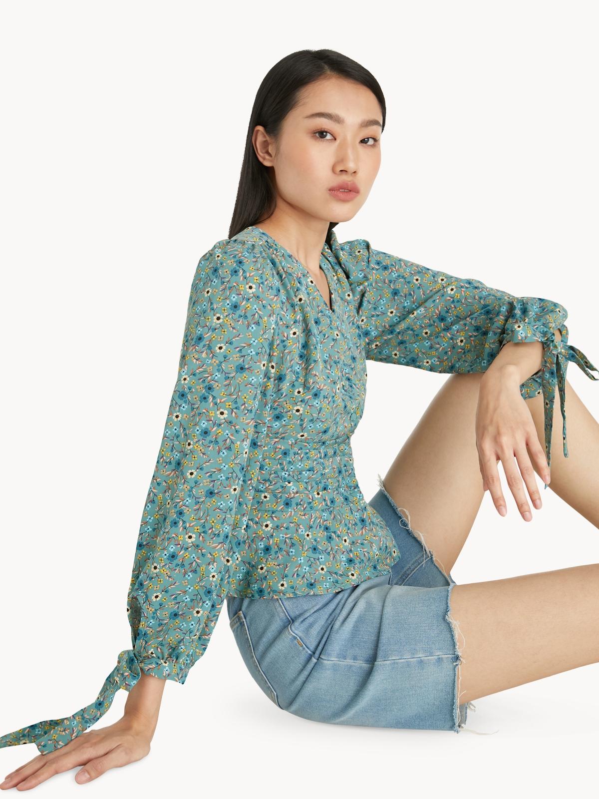 Puffed Sleeves Floral Blouse - Green