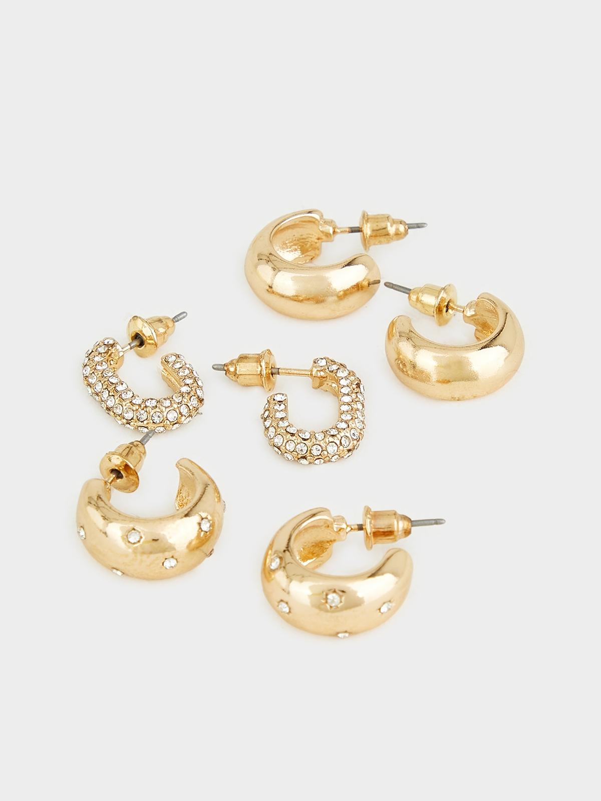 Set of 3 Open Hoop with Jewel Earring - Gold