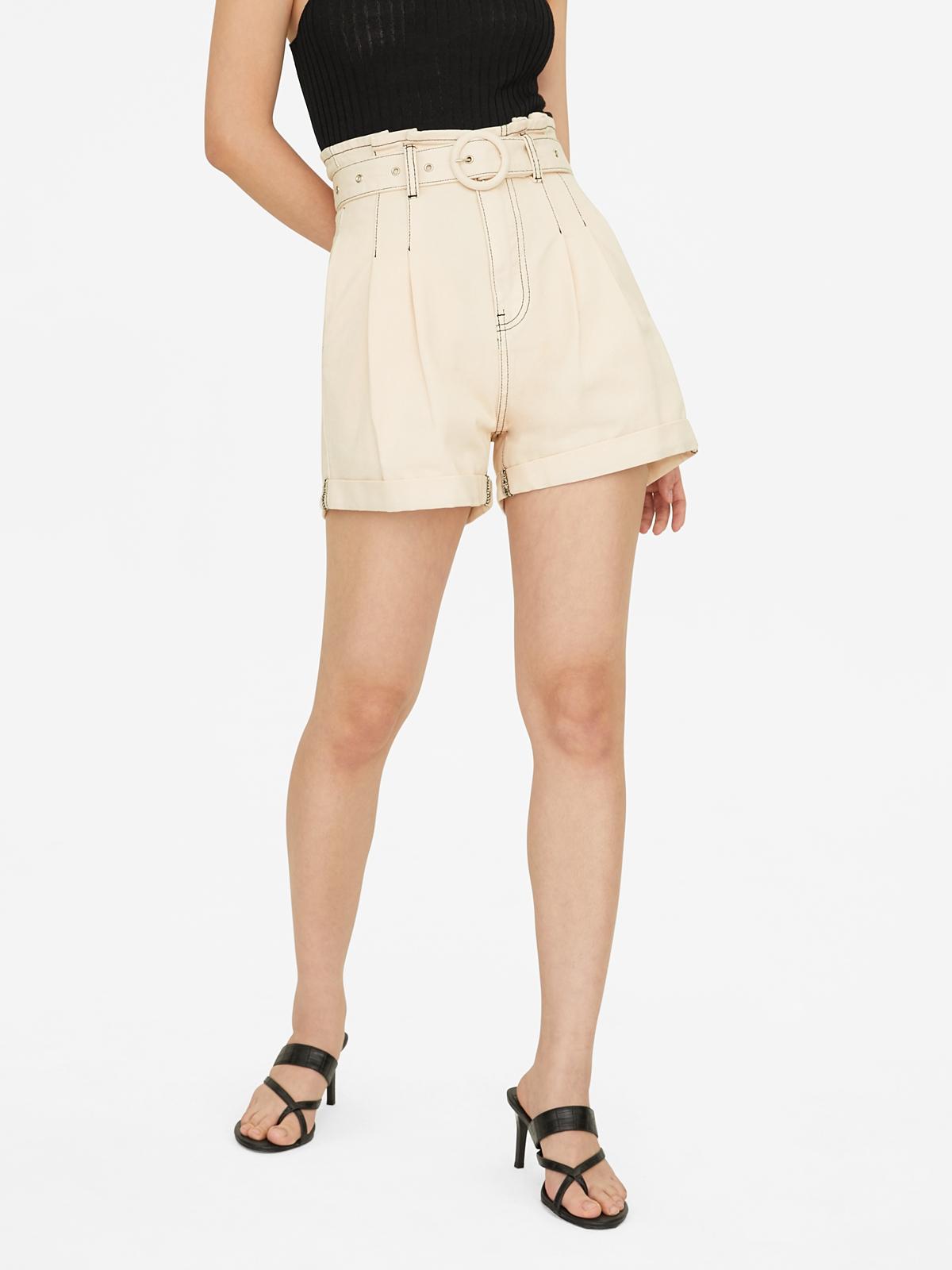 Contrast Stitch Paperbag Shorts - Cream