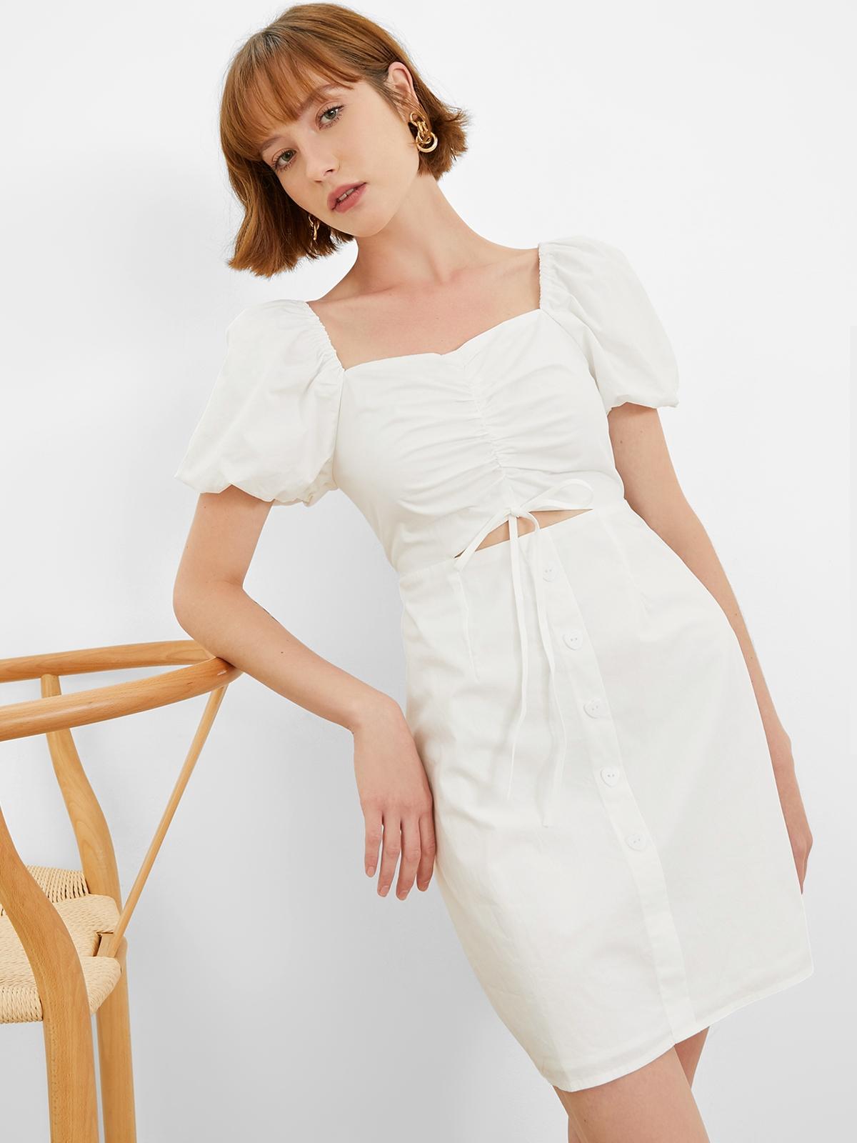 Button Up Cut Out Puffed Sleeve Mini Dress - White