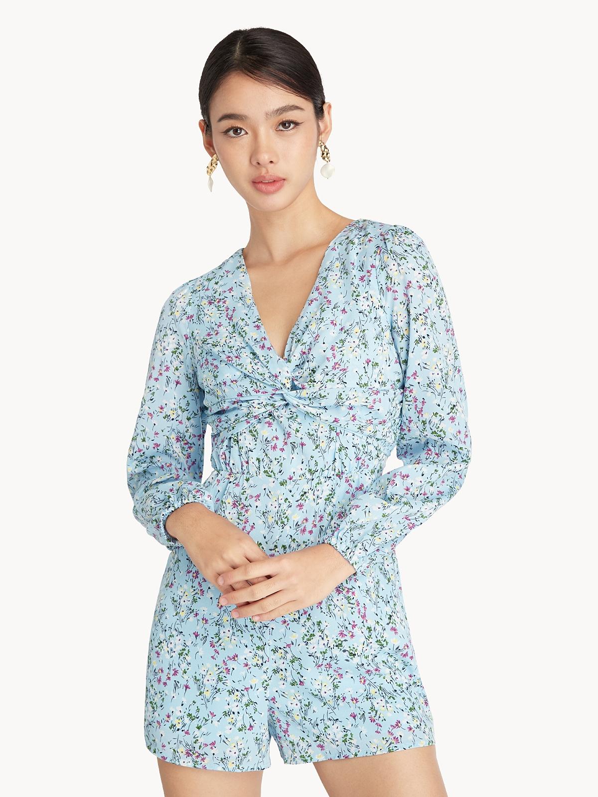 Floral V Neck Romper - Light Blue