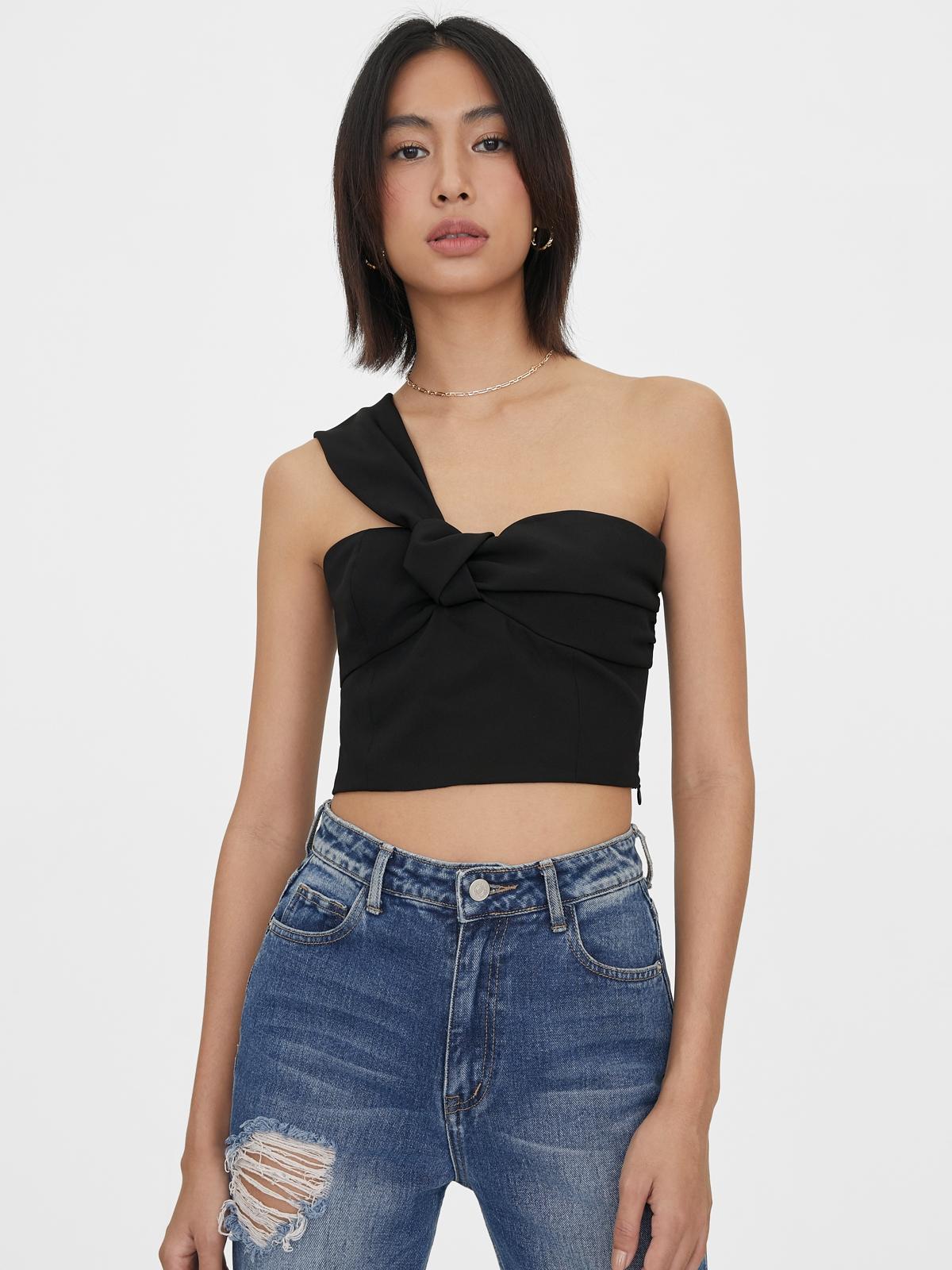 One Shoulder Knotted Sweetheart Top - Black