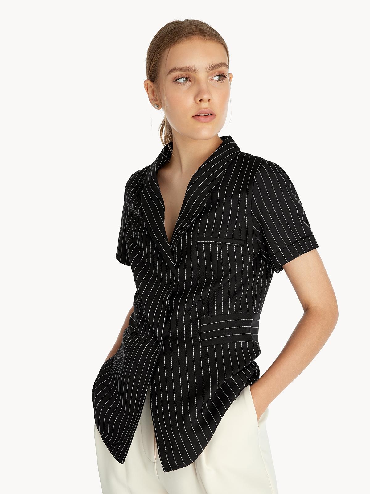 Pinstripes Cuffed Sleeve Shirt - Black