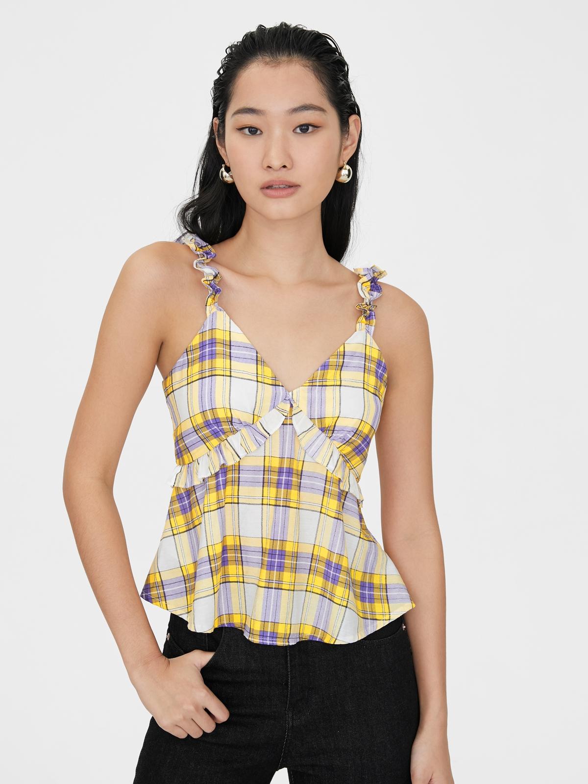 Plaid Frill Hem Top - Yellow