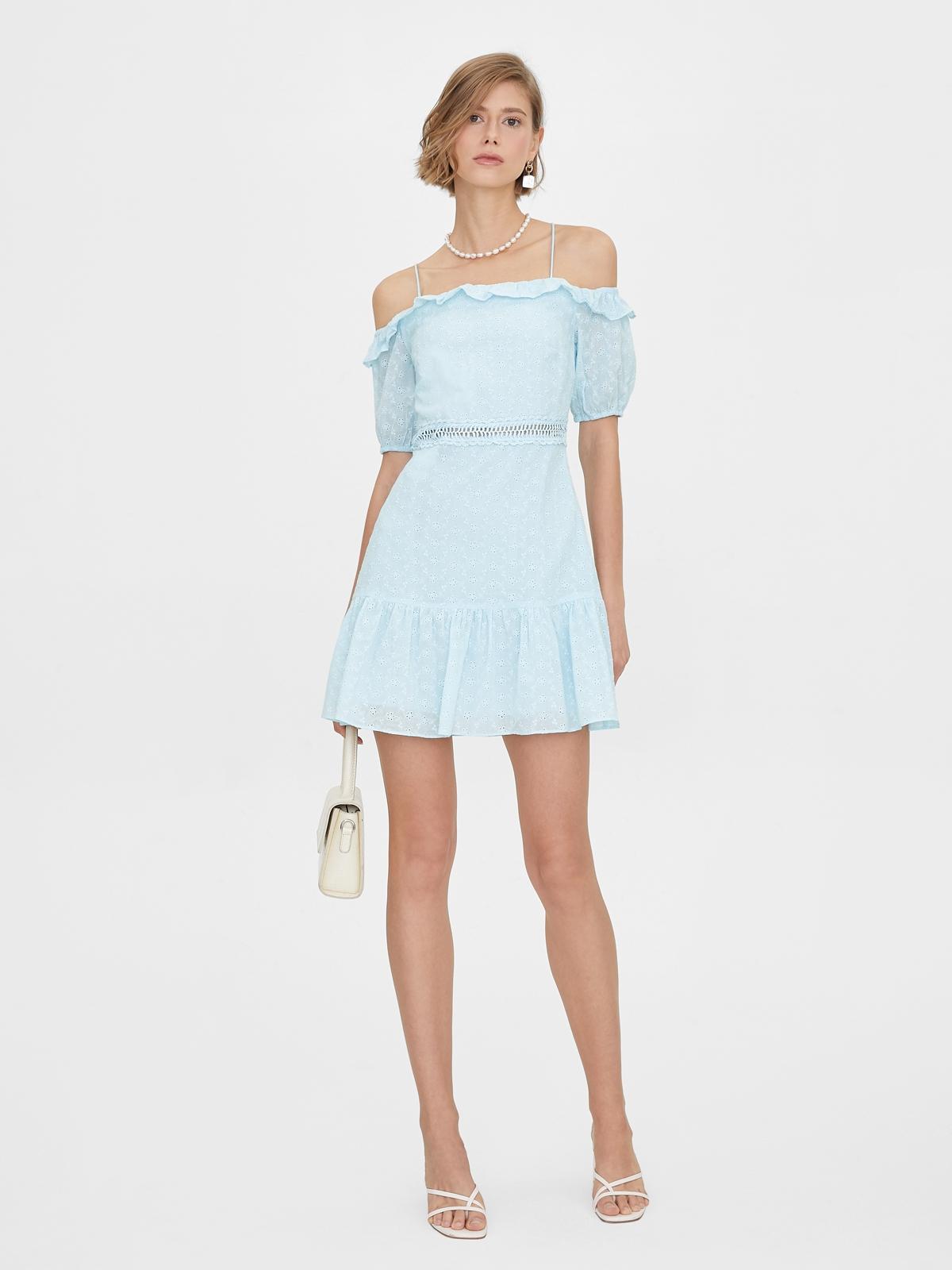 Cold Shoulder Eyelet Cut Out Dress - Blue