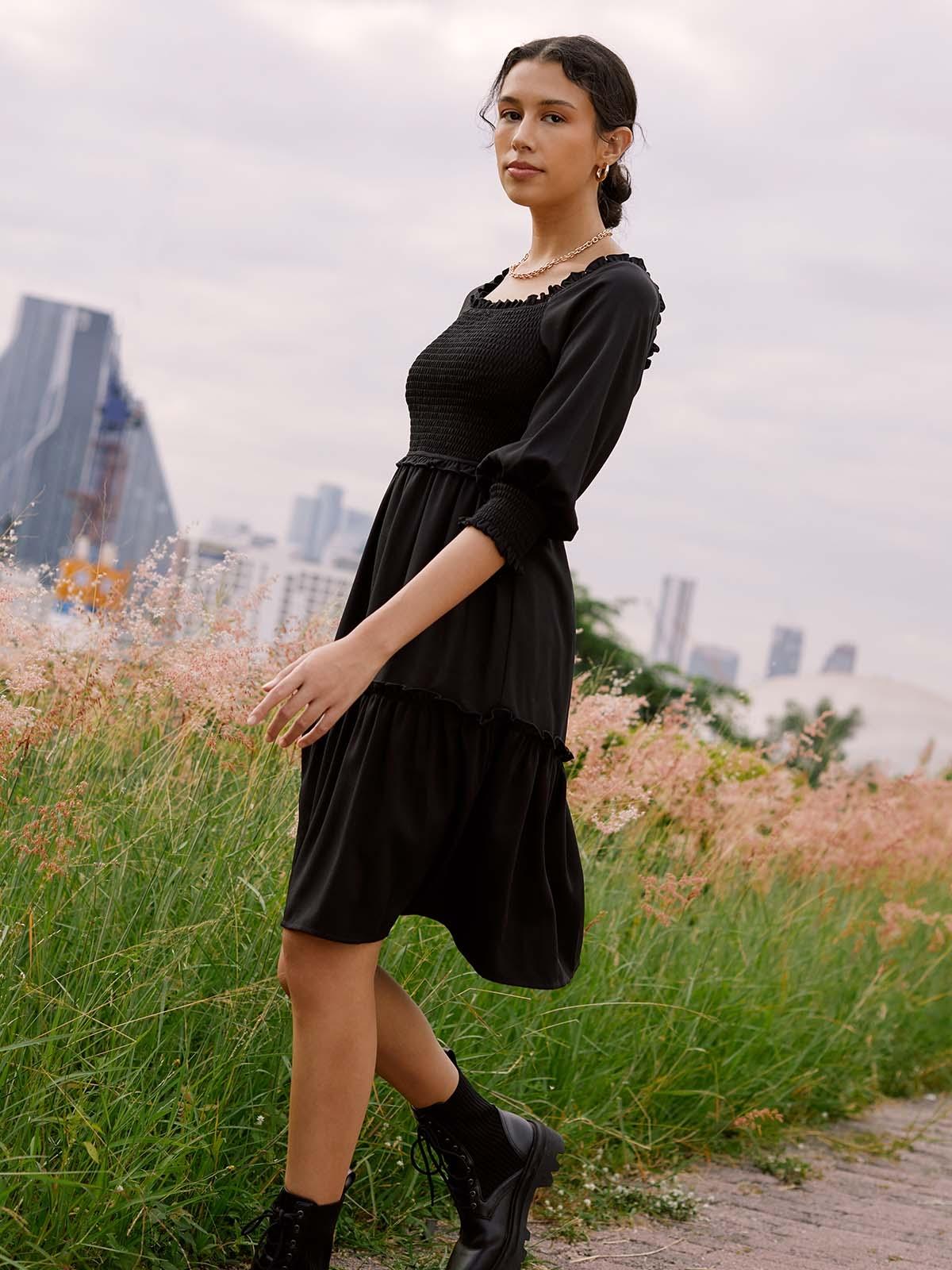 Sustainable Smocked Square Neck Dress - Black Sustainable Smocked Square Neck Dress - Black