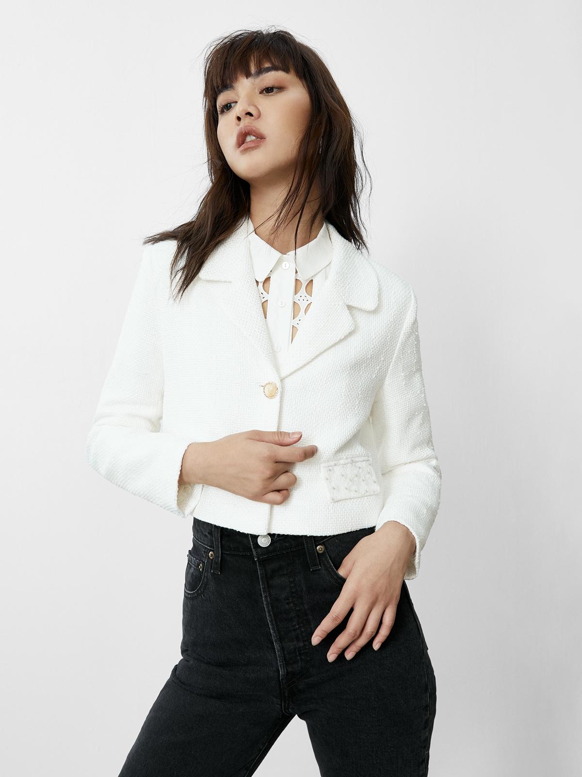 Tweed Double Button Cropped Jacket - White
