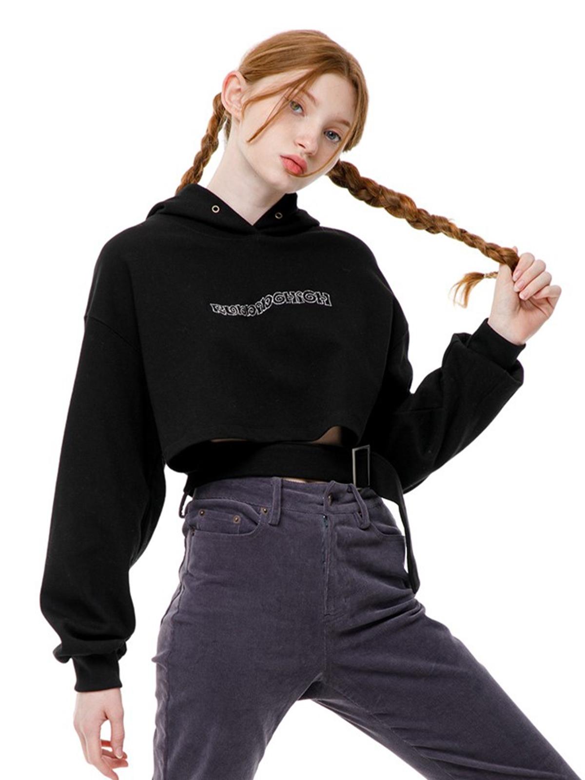 Running High X Glitter Logo Belted Crop Hoodie - Black Running High X Glitter Logo Belted Crop Hoodie - Black