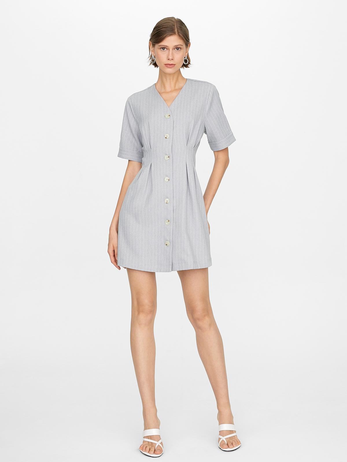 Pinstripe Cinched Button Up Dress - Light Grey