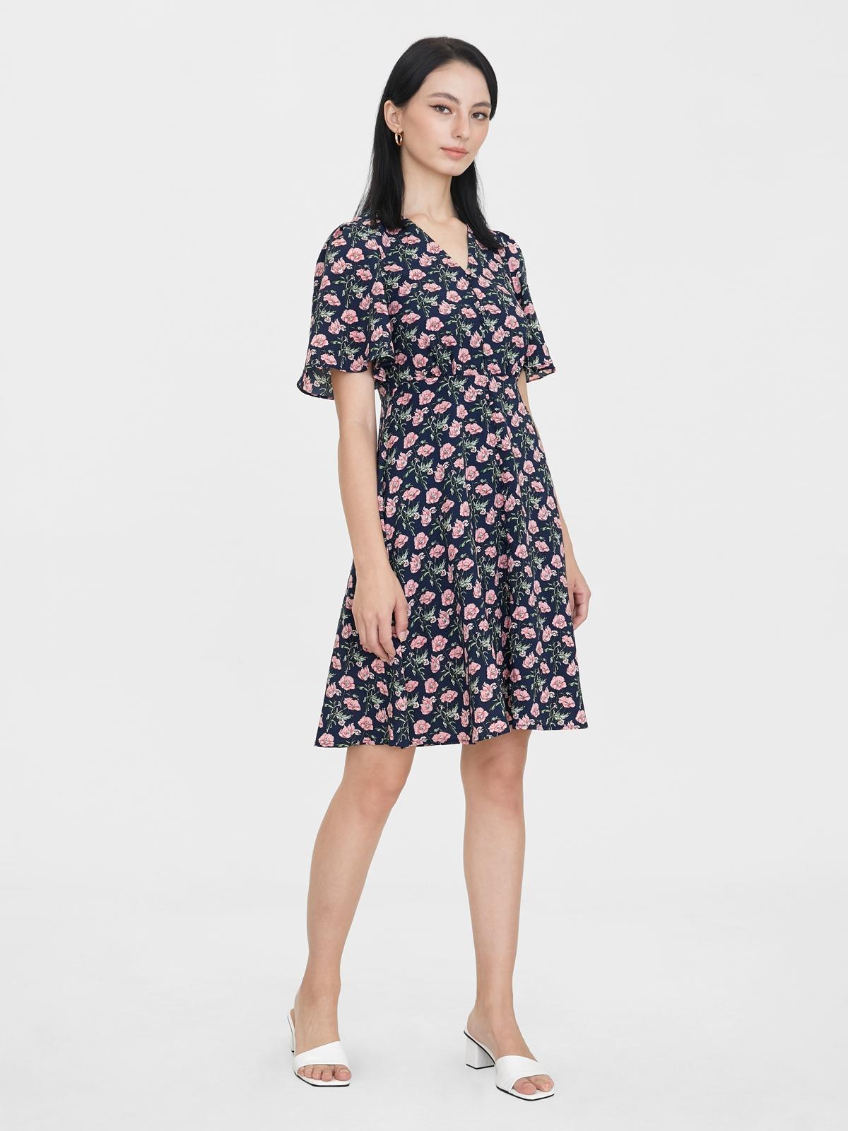 Butterfly Sleeves Floral Print Dress - Navy