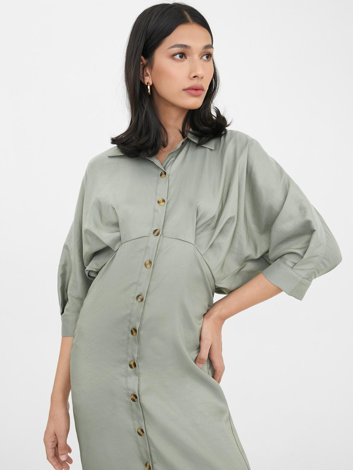 Button Up Draped Sleeves Dress - Green
