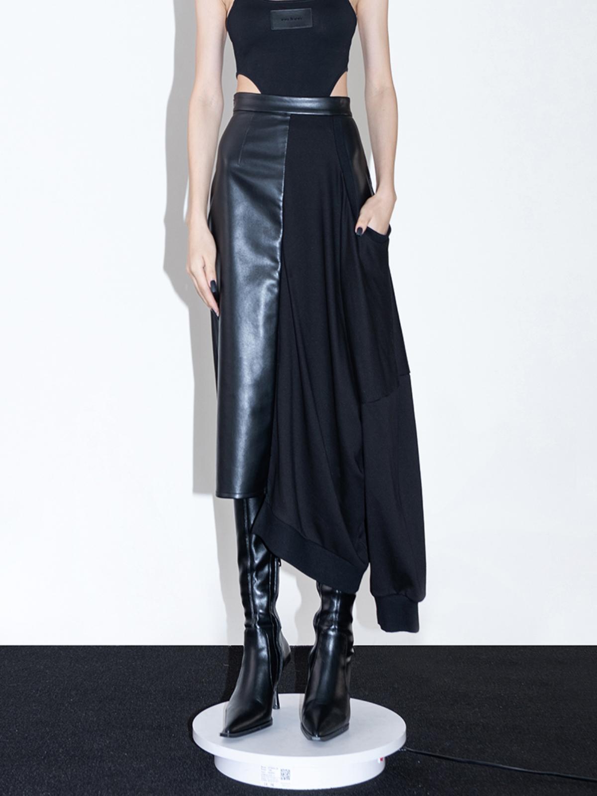Leather Stitching Sweater Skirt - Black