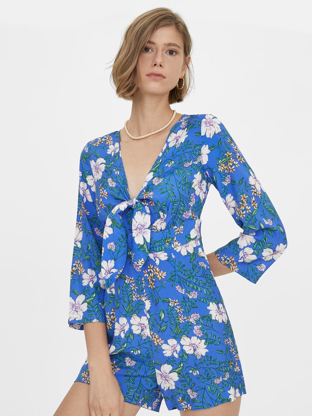 Long Sleeves Bold Floral Tie Front Romper - Blue