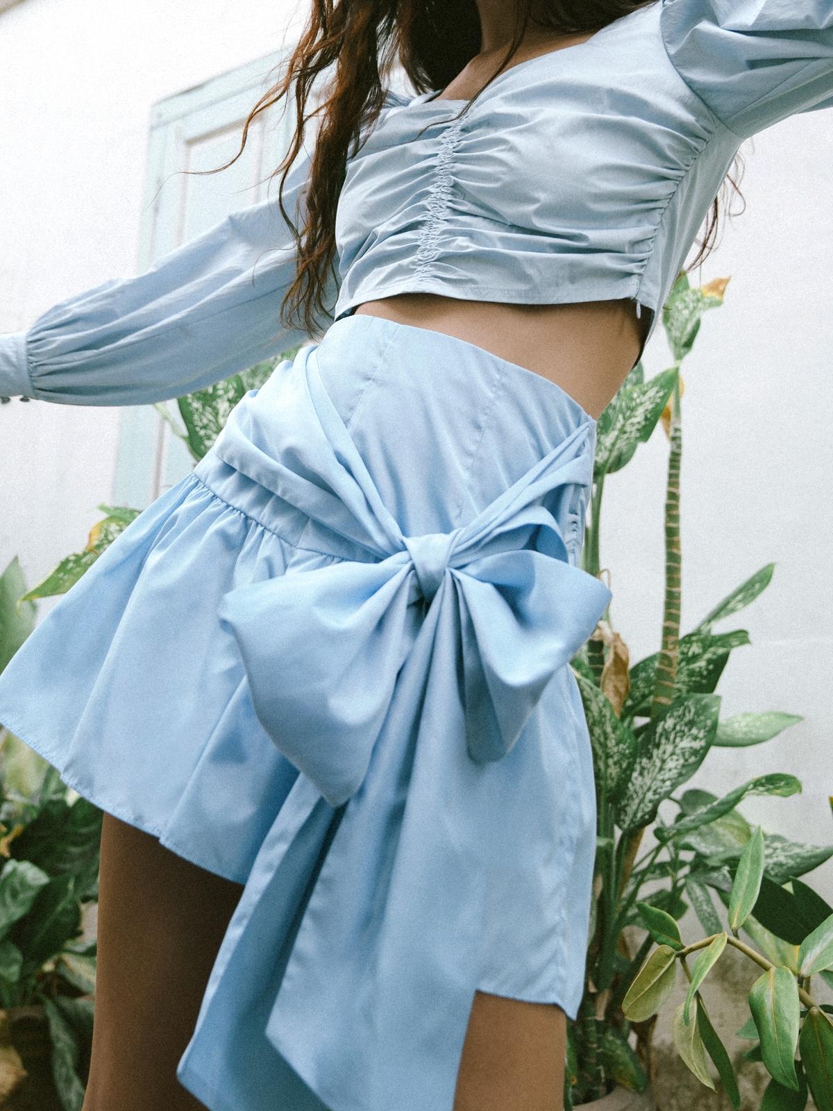 Bow Detail High Waist Shorts - Blue