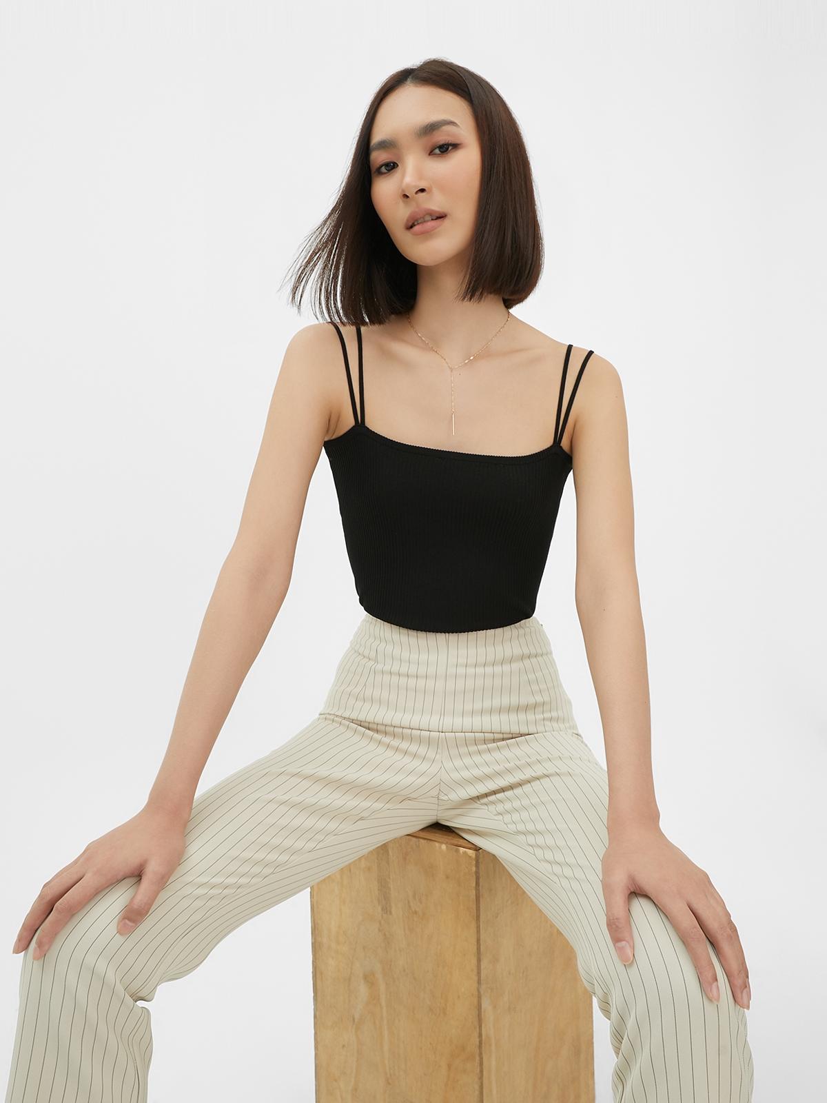 Rib-Knit Square Neck Top - Black