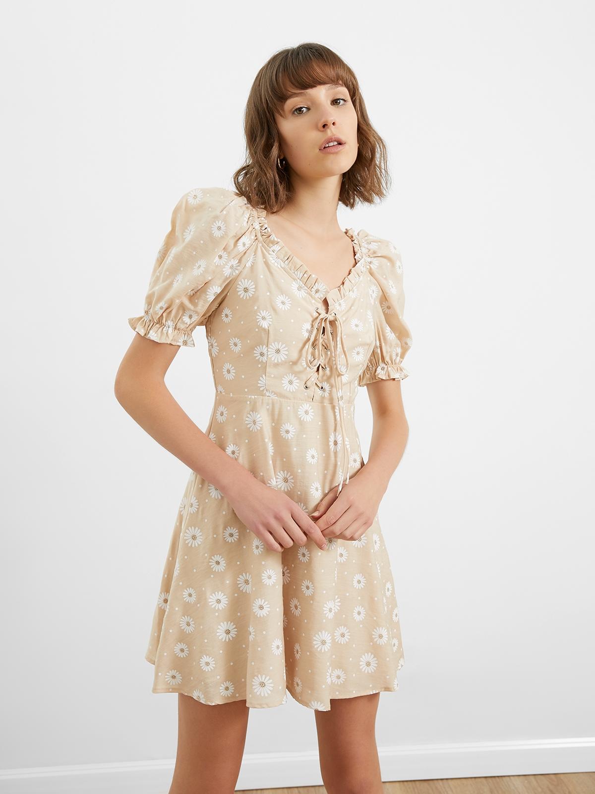 Puffed Sleeve Mini Dress - Beige