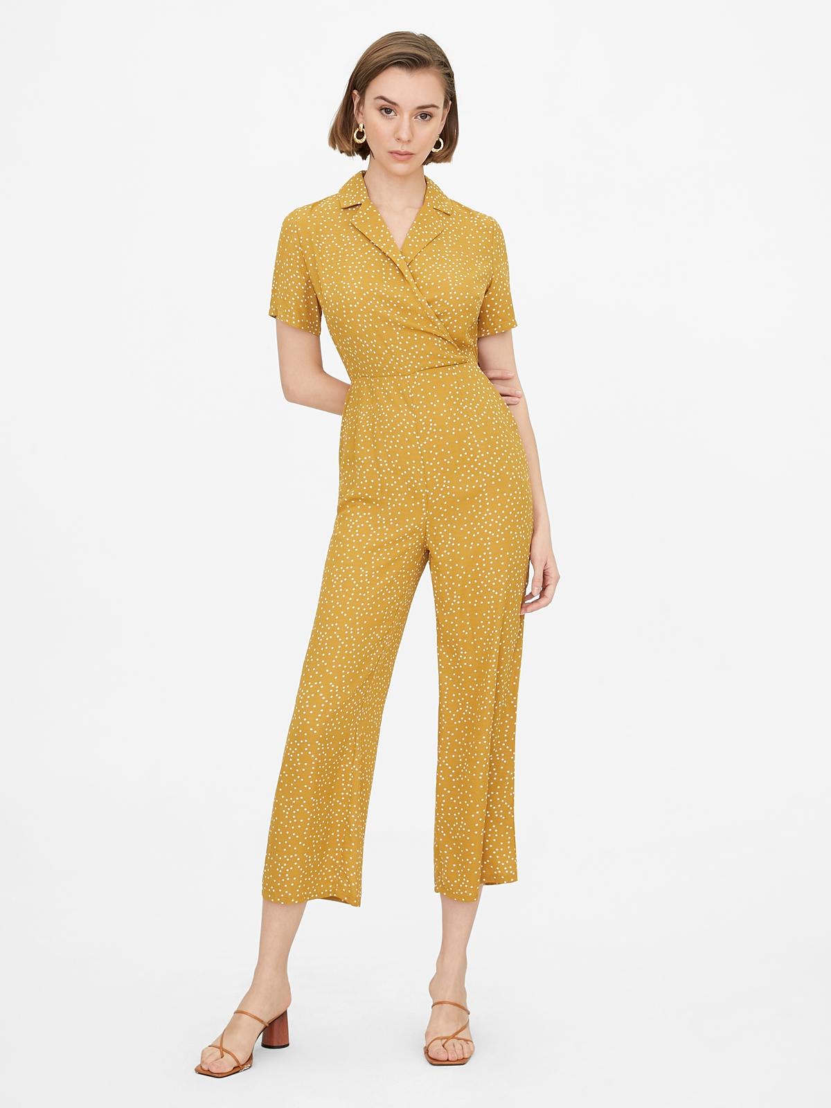 Relaxed Surplice Polka Dot Jumpsuit - Yellow