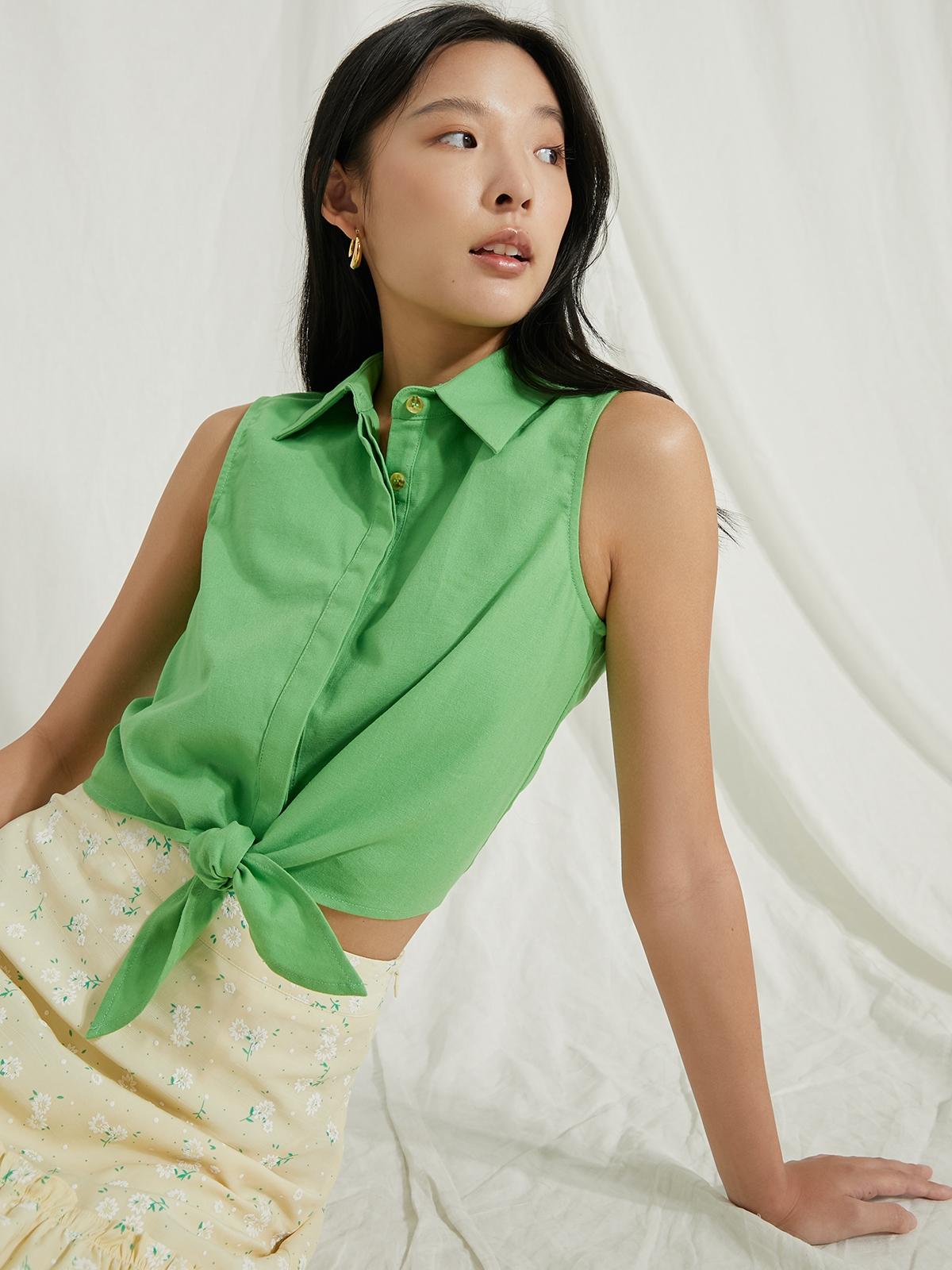 Front Tie Sleeveless Shirt - Green