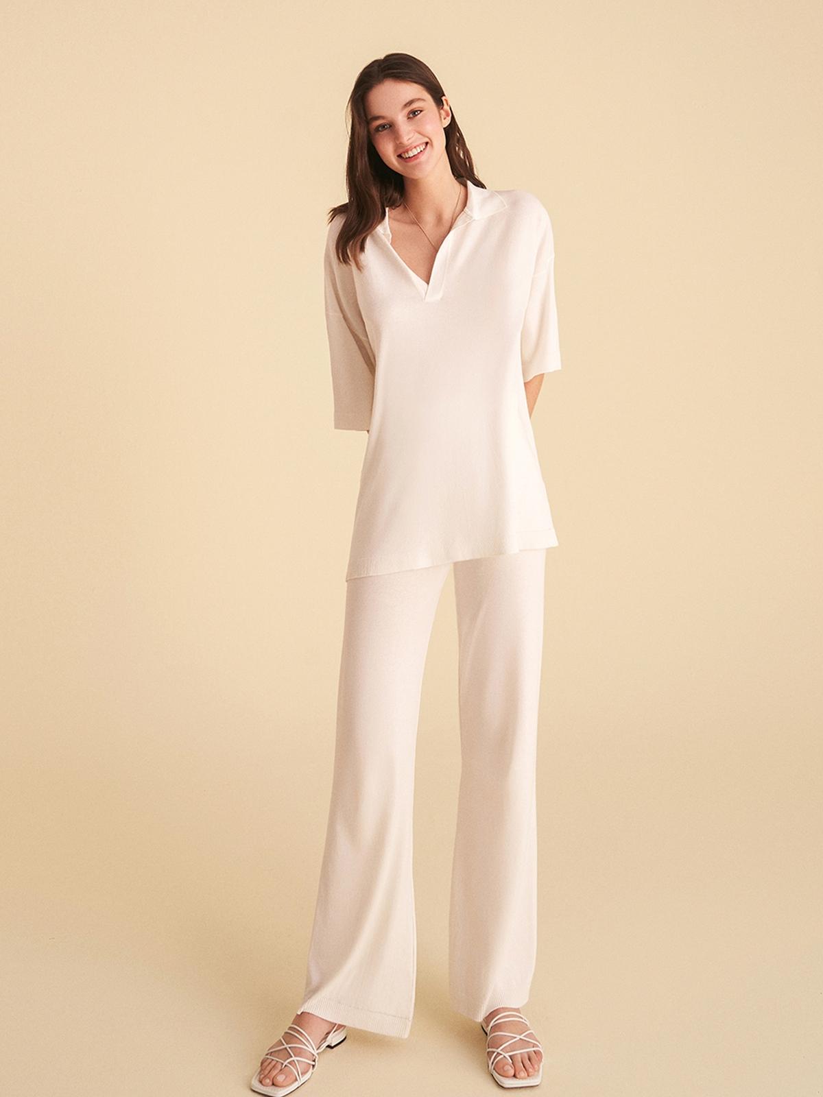 Knit Wide-Leg Pants with Darts - Ecru