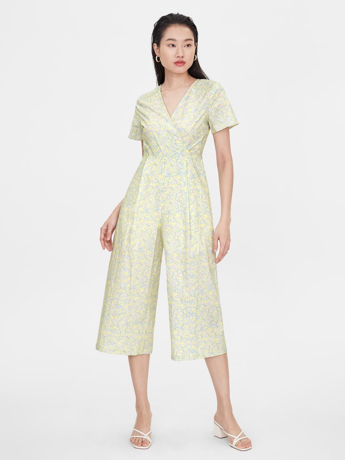 V Neck Floral Print Jumpsuit - Yellow