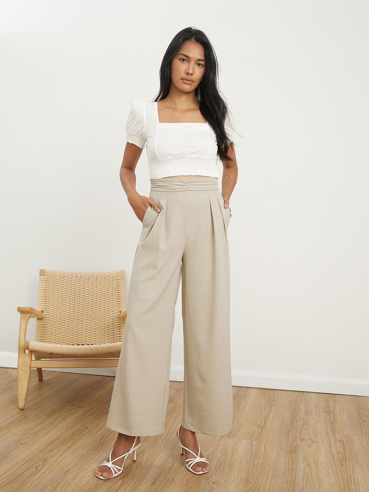 Semi-Pleated Wide Leg Pants - Beige