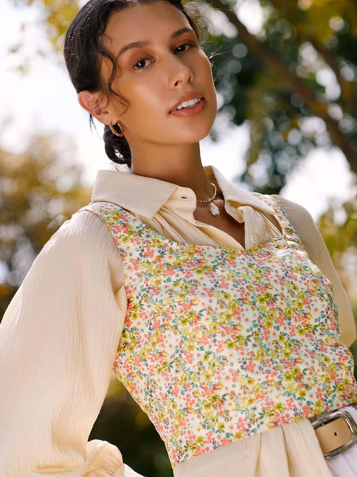 Sustainable Floral Print Sleeveless Crop Top - Yellow Sustainable Floral Print Sleeveless Crop Top - Yellow