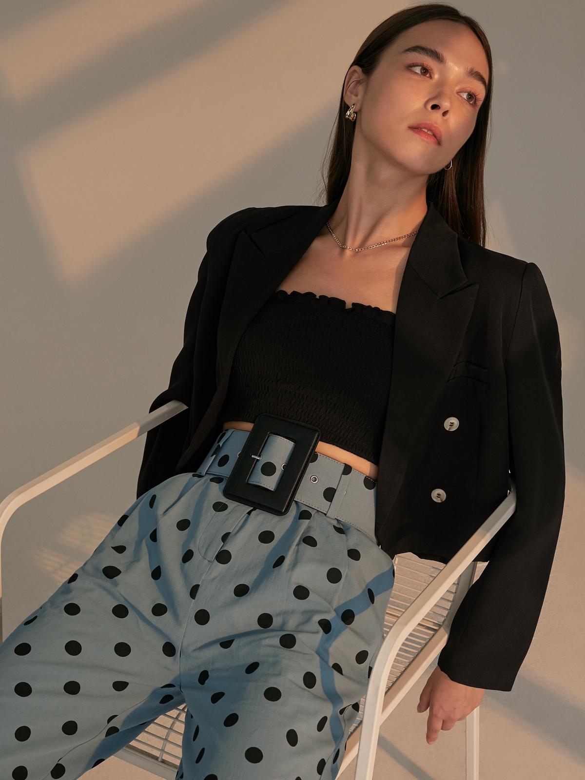 High Waist Polka Dot Belted Pants - Blue