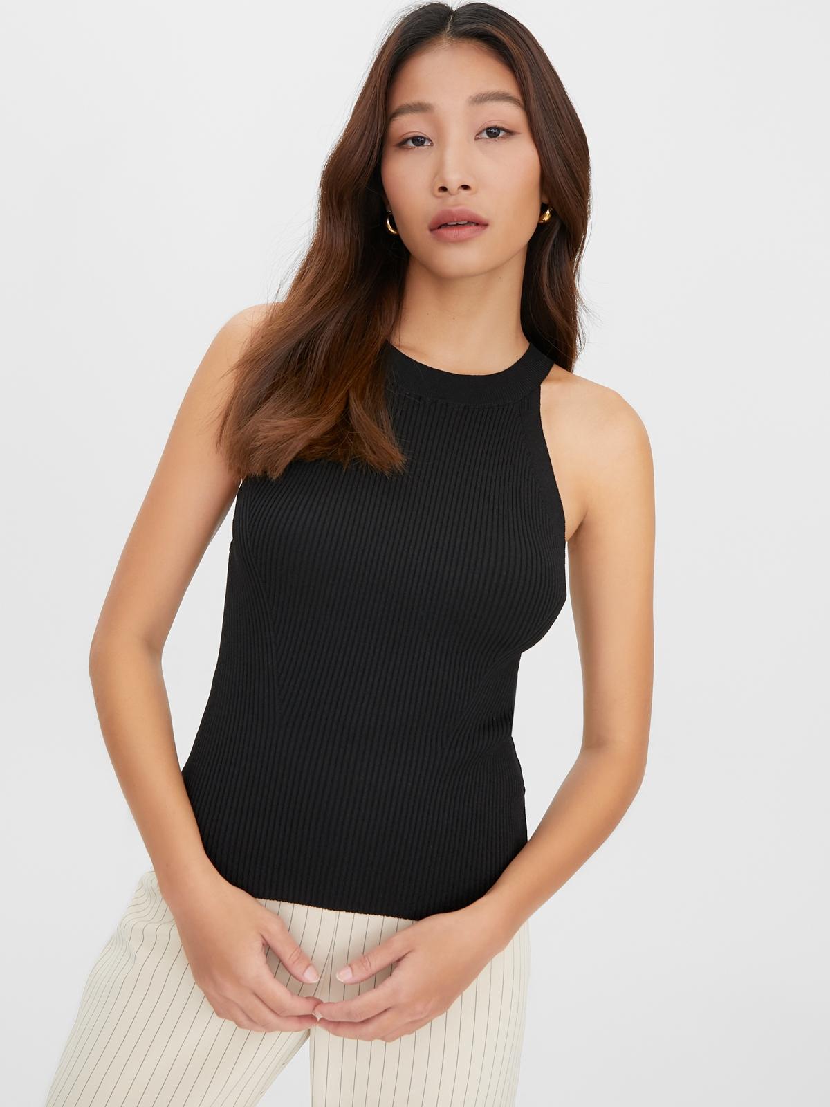 Rib-Knit Halter Tank Top - Black