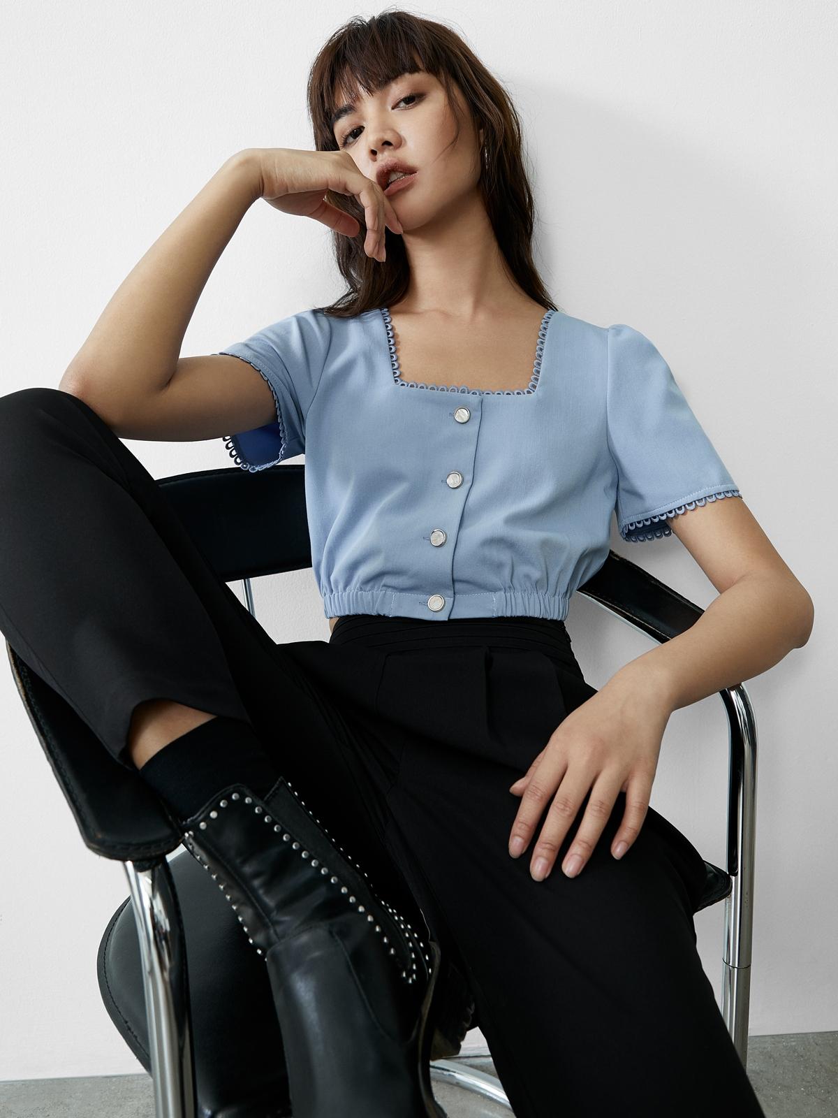 Embroidered Accent Crop Top - Blue