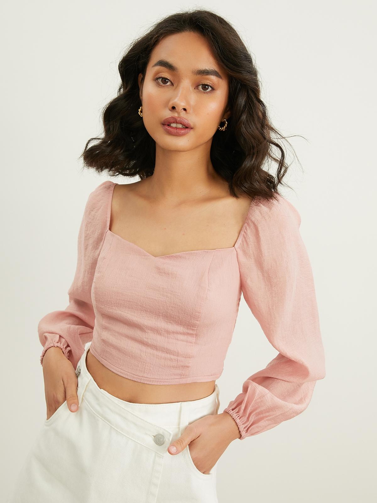 Corset Style Puffed Sleeve Crop Top - Pink