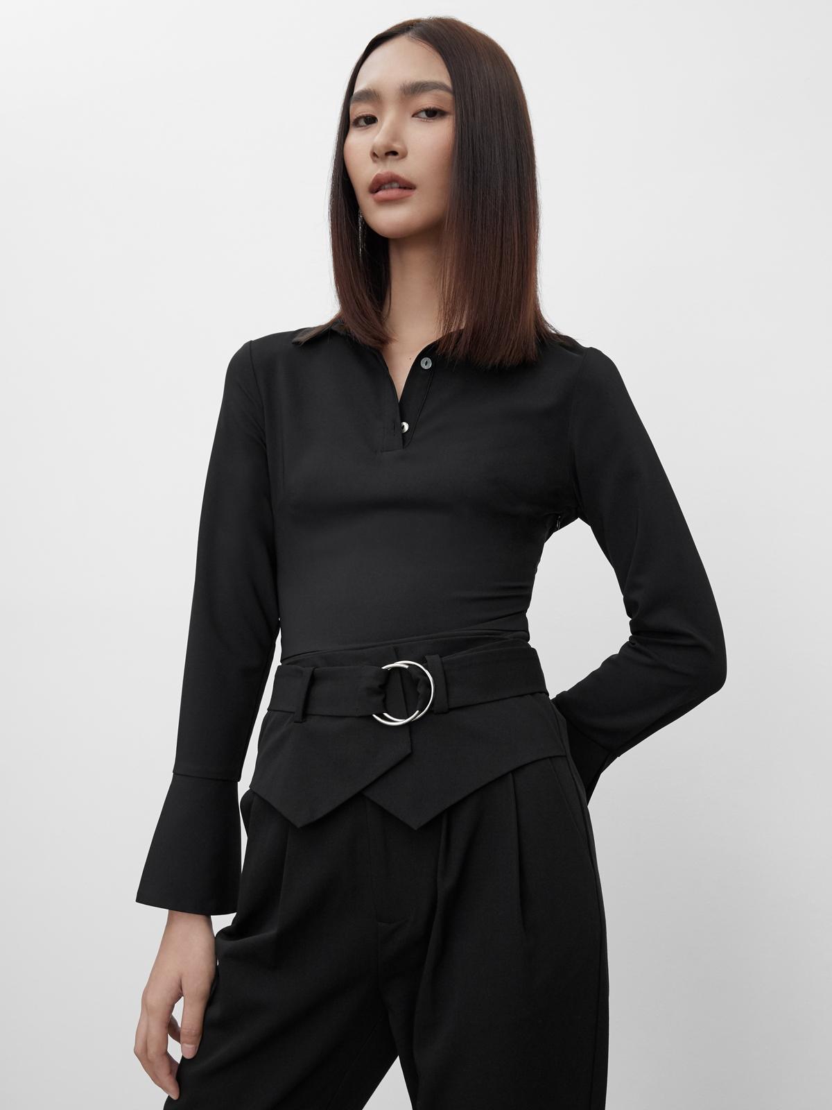 Polo Button Up Bodysuit - Black