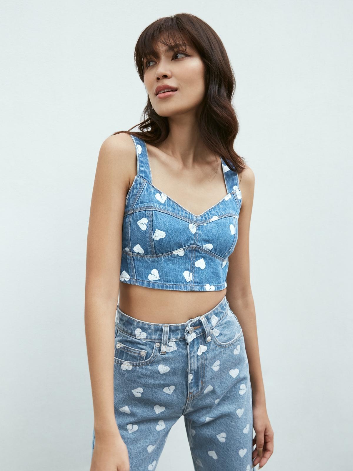 Sustainable Heart Print Denim Crop Top - Blue