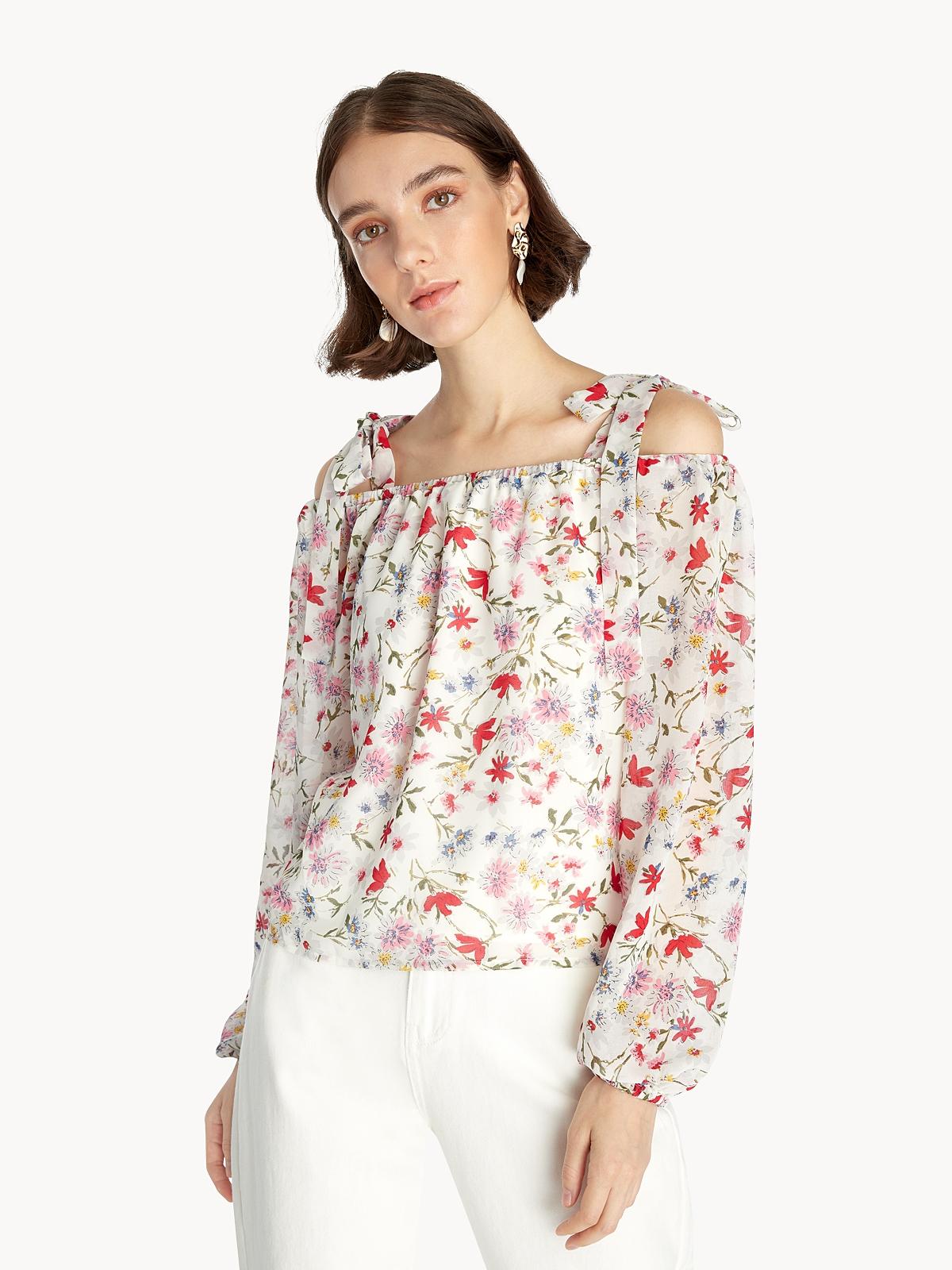 Cold Shoulder Balloon Sleeve Blouse - White