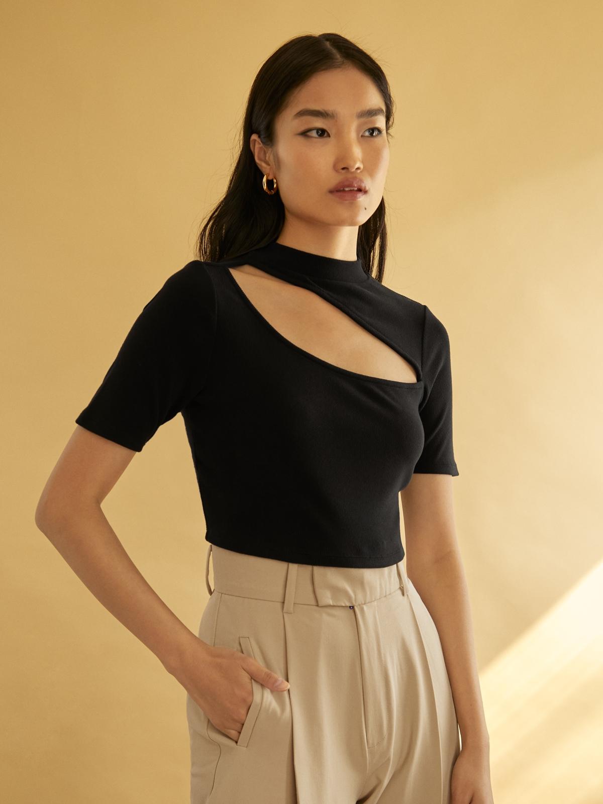Cutout High Neck Cropped Top - Black