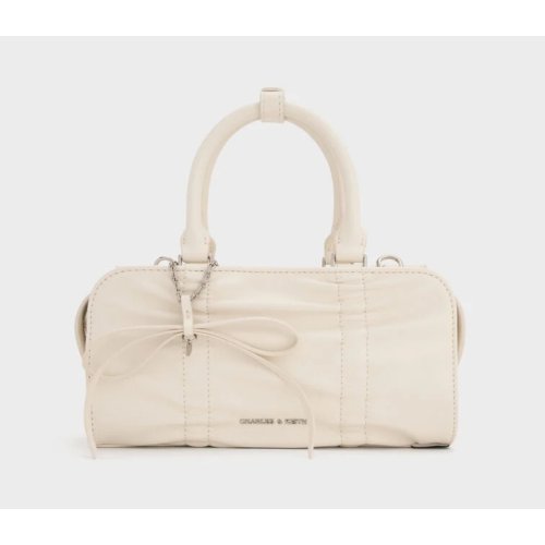Kadee Ruched Bow-Charm Bowling Bag - Cream