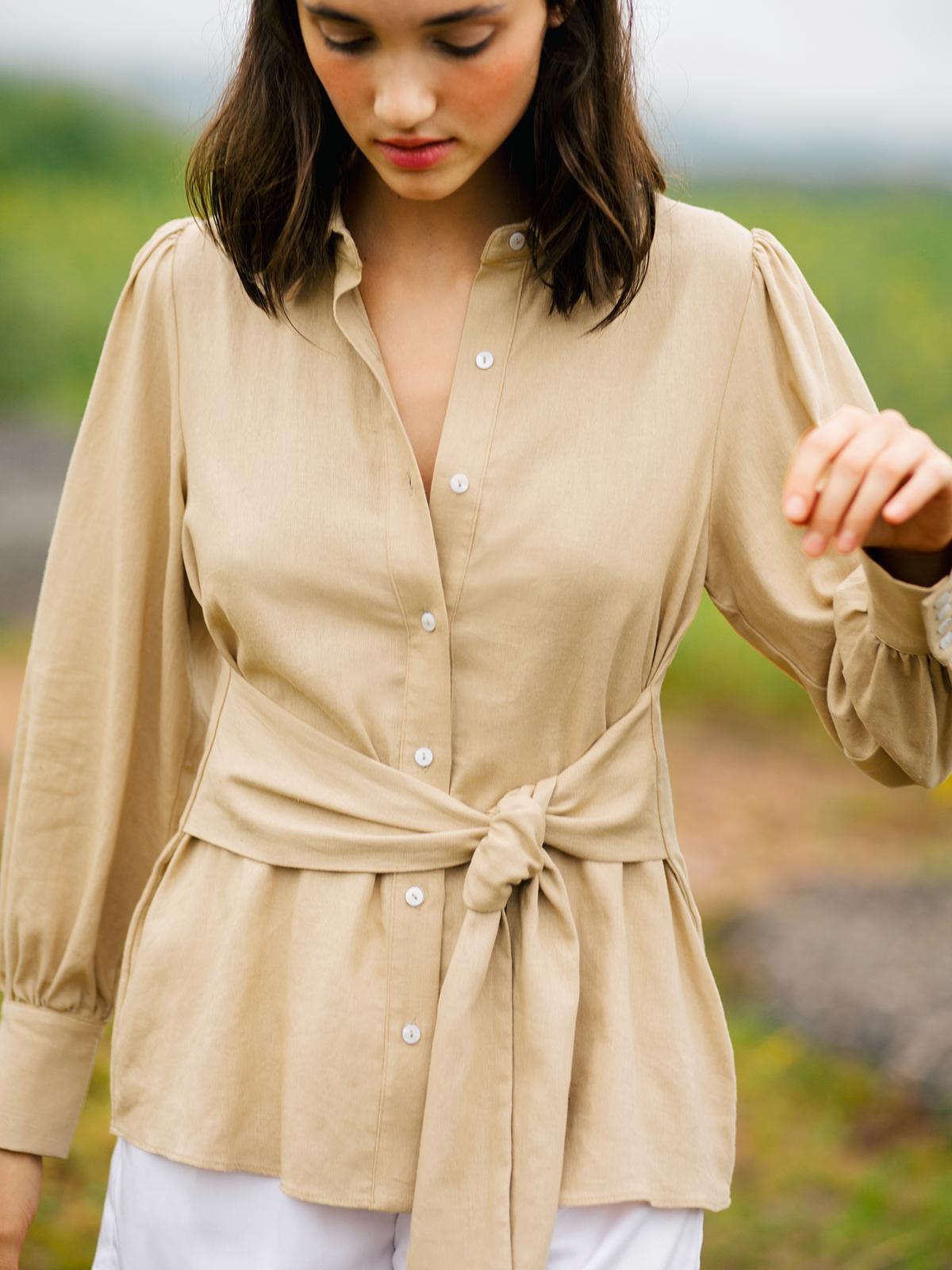 Purpose Front Tie Button Up Shirt - Beige