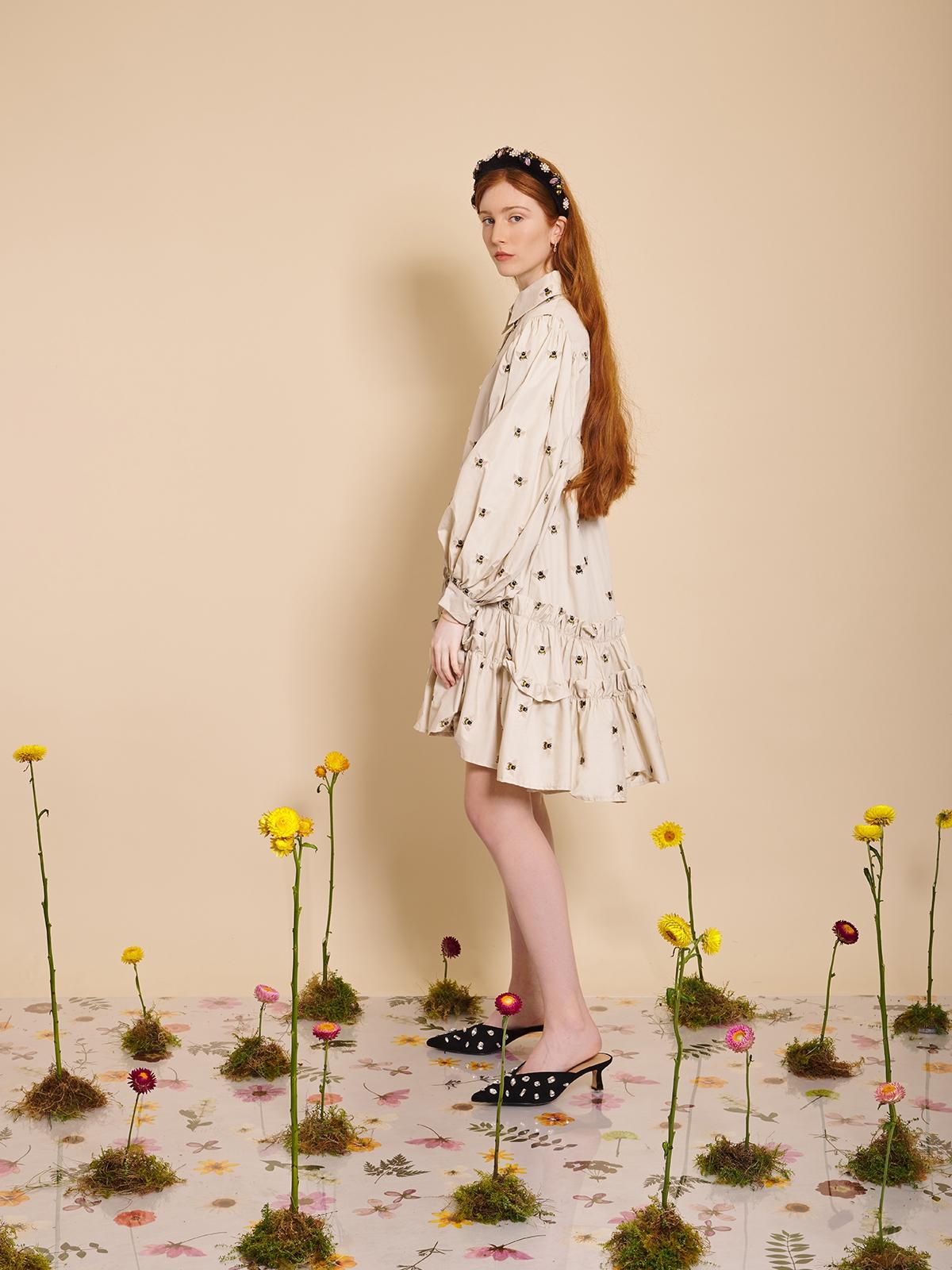 Humble Bee Embroidered Mini Dress - Beige