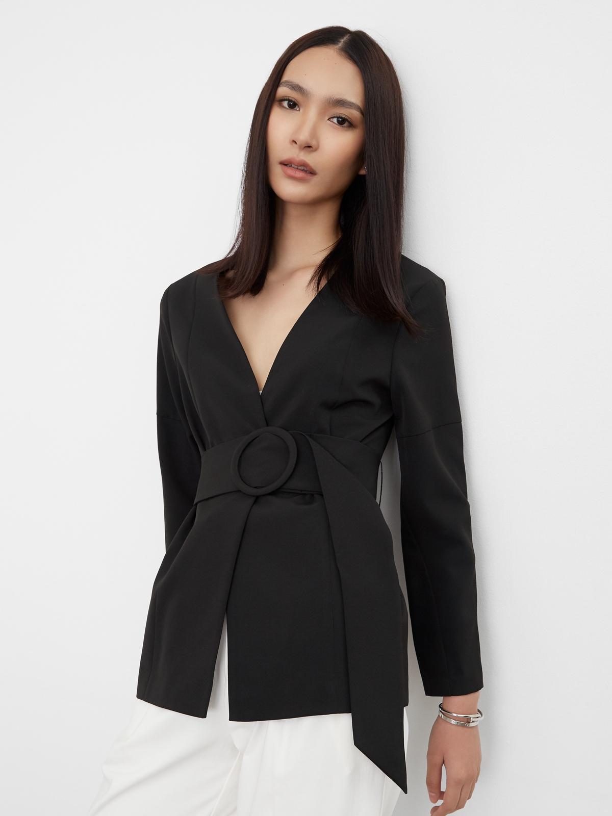 Belted Round Buckle Blazer - Black