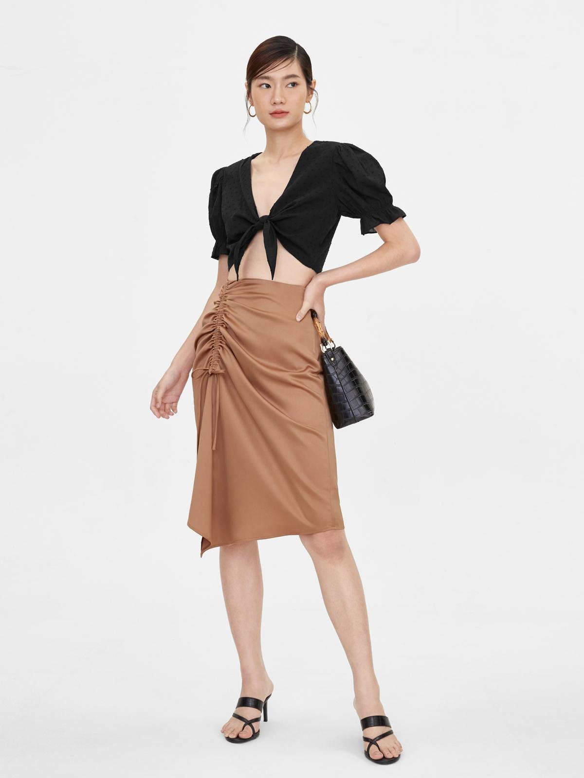 Side Tie Ruched Skirt - Brown