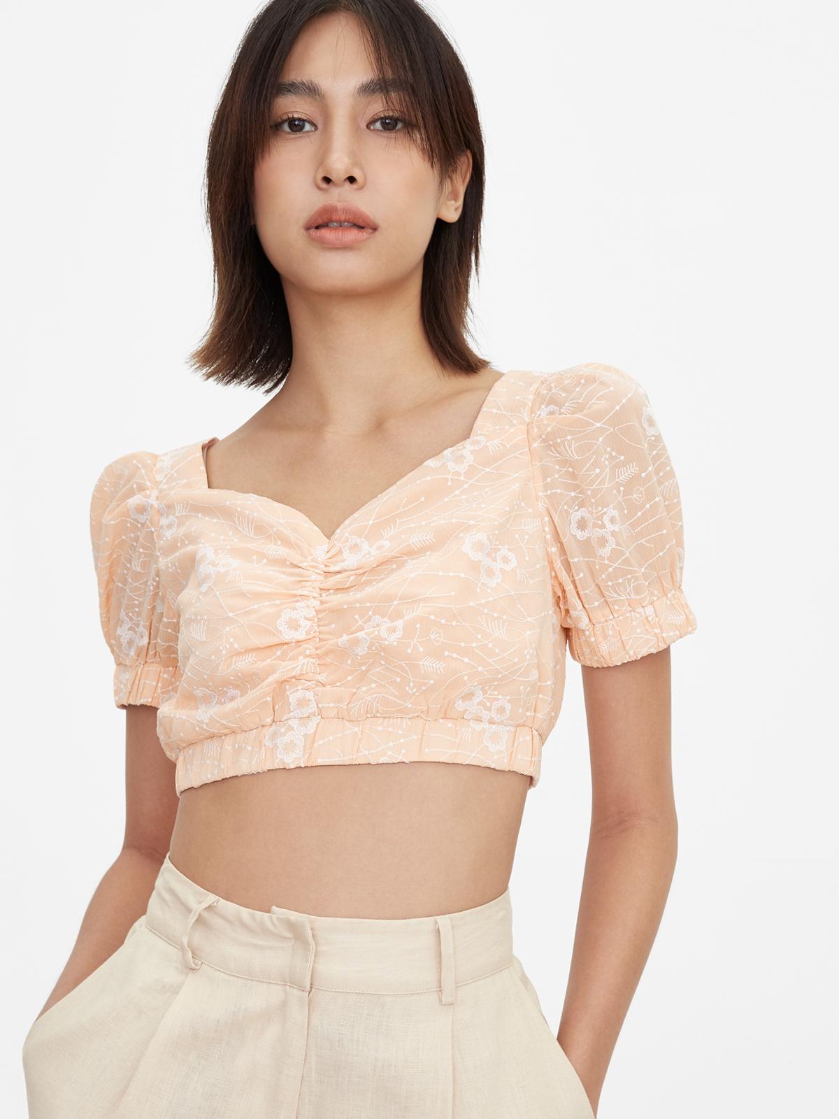 Embroidered Floral Crop Top - Peach