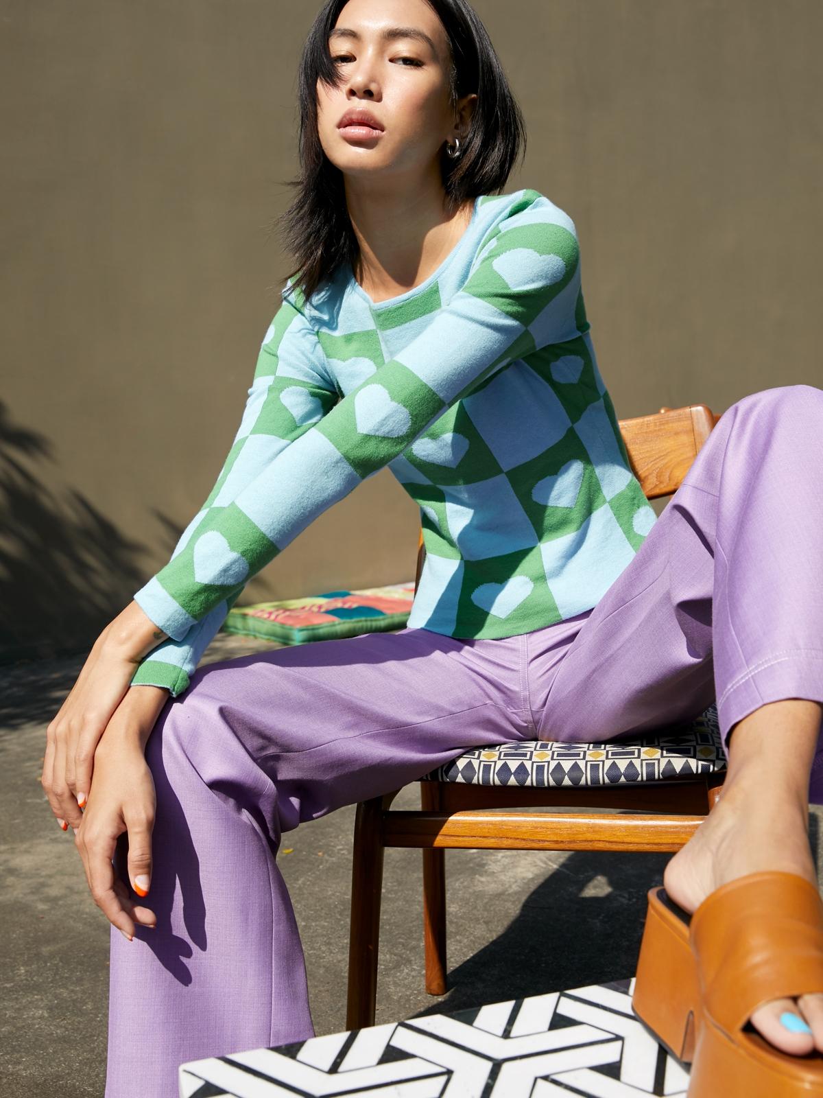 Checkered Heart Knit Long Sleeve Top - Blue