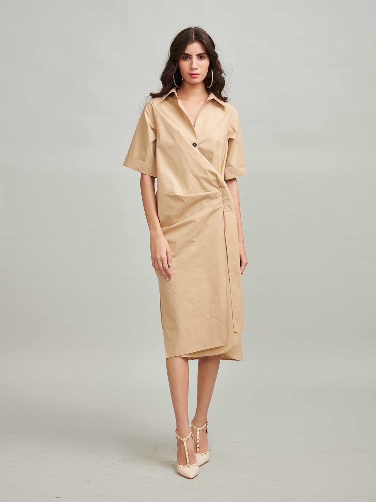 Across Button Pleat Midi Dress - Beige