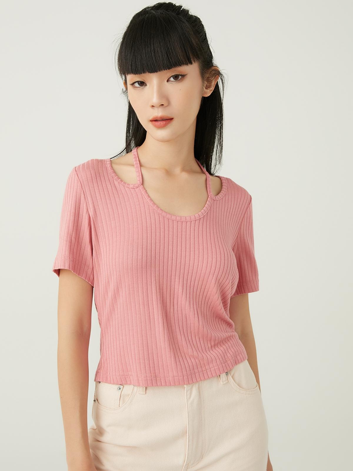 Tie Neck Short Sleeve Tee - Pink