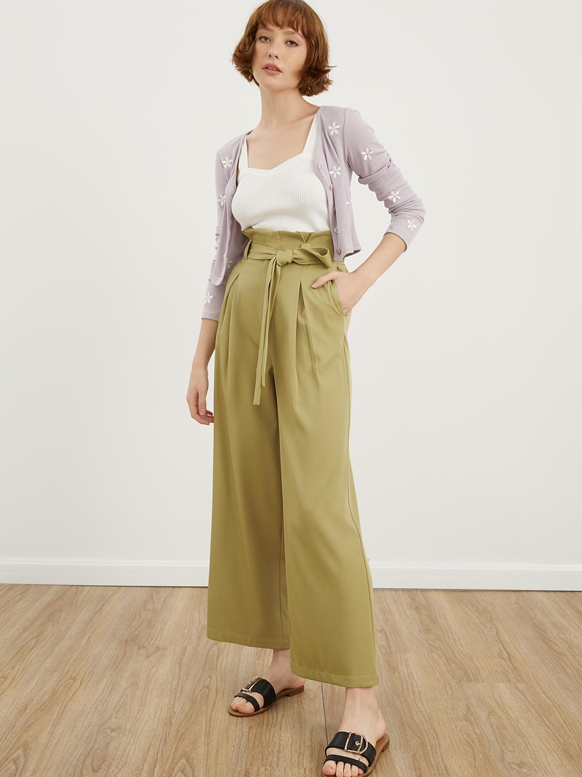 High Waisted Front Tie Pants - Green