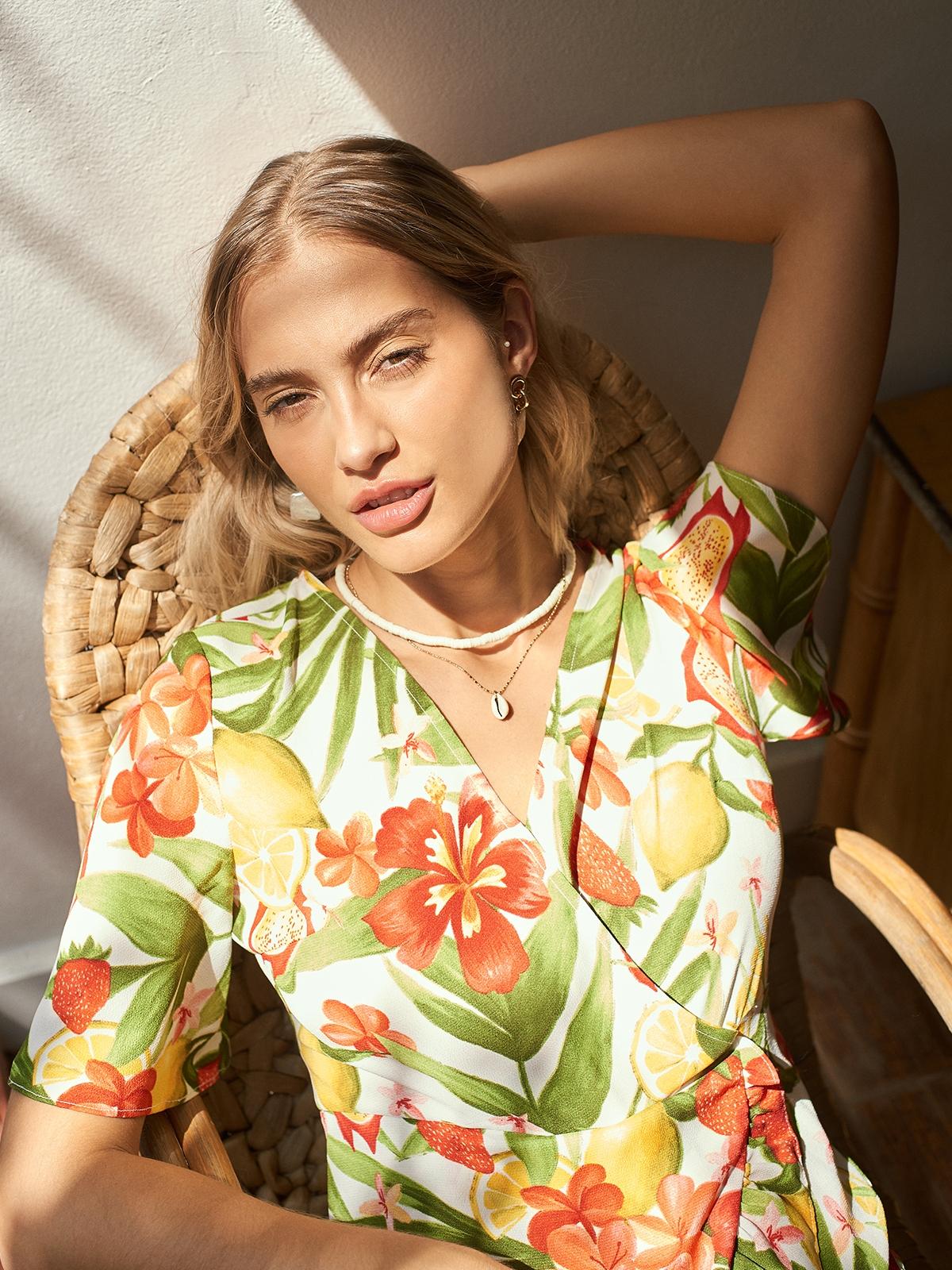 Ruffled Flare Sleeves Fruit Print Romper - White