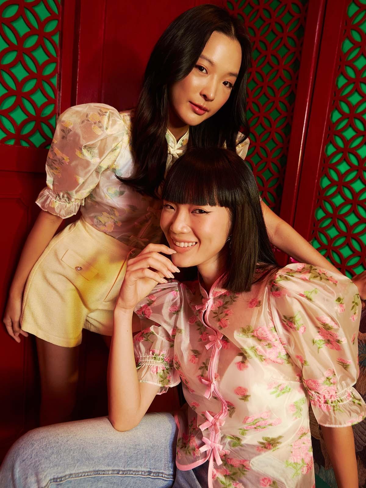 Floral Mandarin Collar Puffed Sleeve Top - Yellow