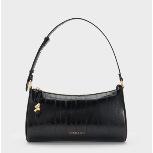  Augustine Eel-Effect Sculptural-Detail Shoulder Bag - Black 