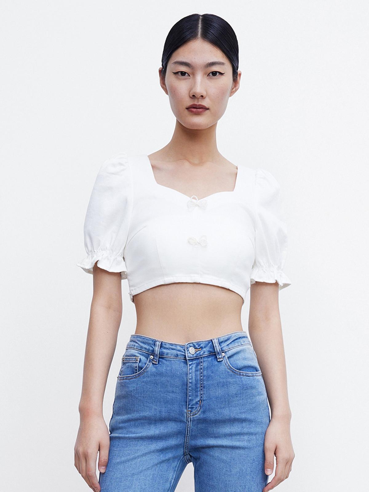 Beaded Bow Front  Crop Top - White