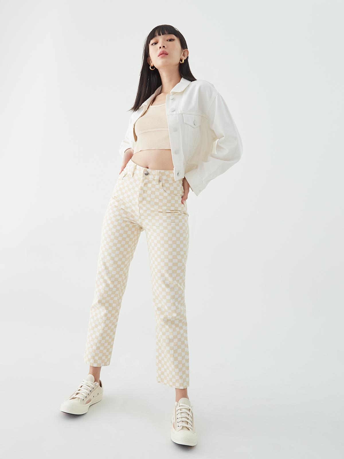 Sustainable Checkered High Waist Jeans - Beige
