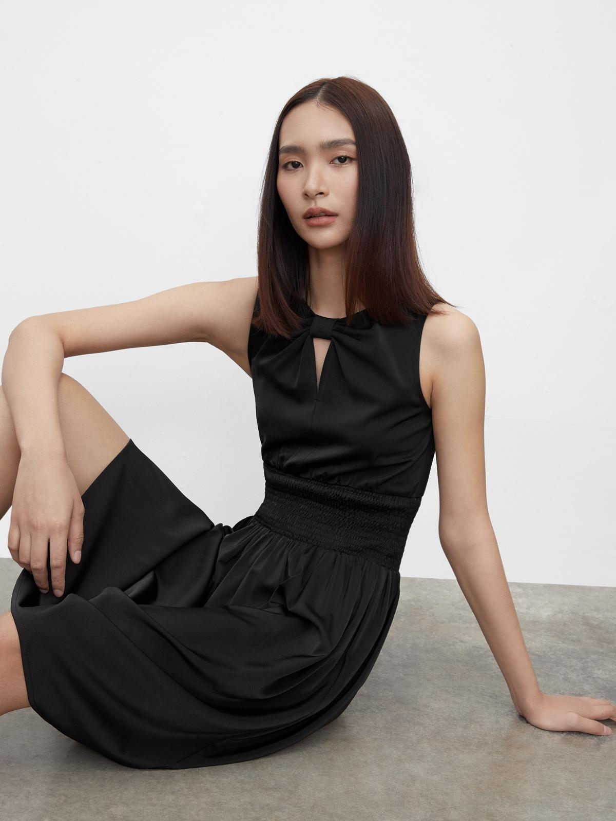 Bow Neck Elastic Waist Dress - Black